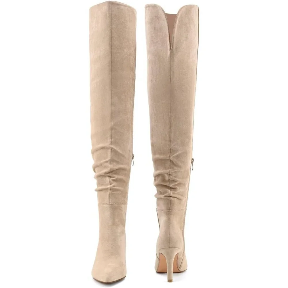 Women Khaki Polyurethane Over The Knee Stiletto Heel Pointed Toe Long Boots